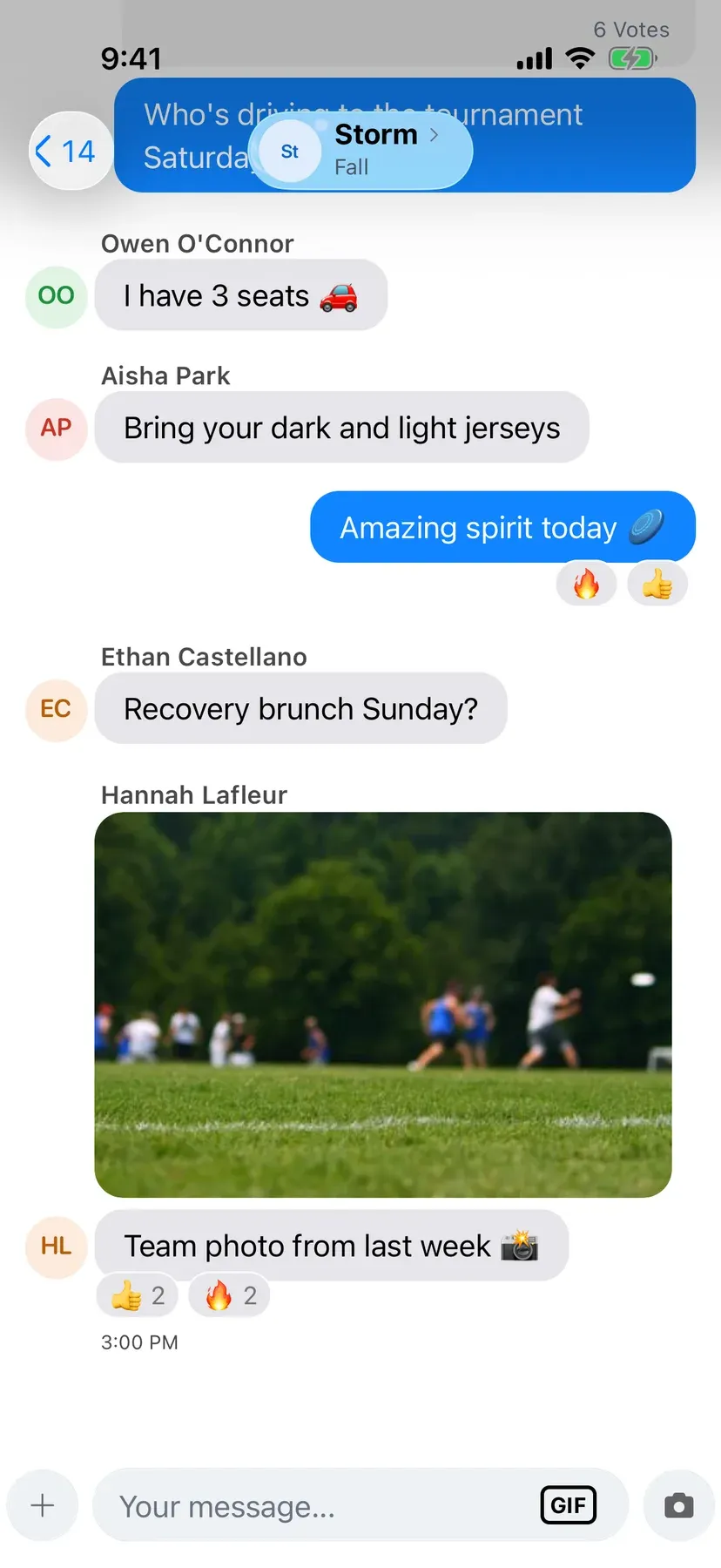 BenchApp team chat with shared photos and GIFs