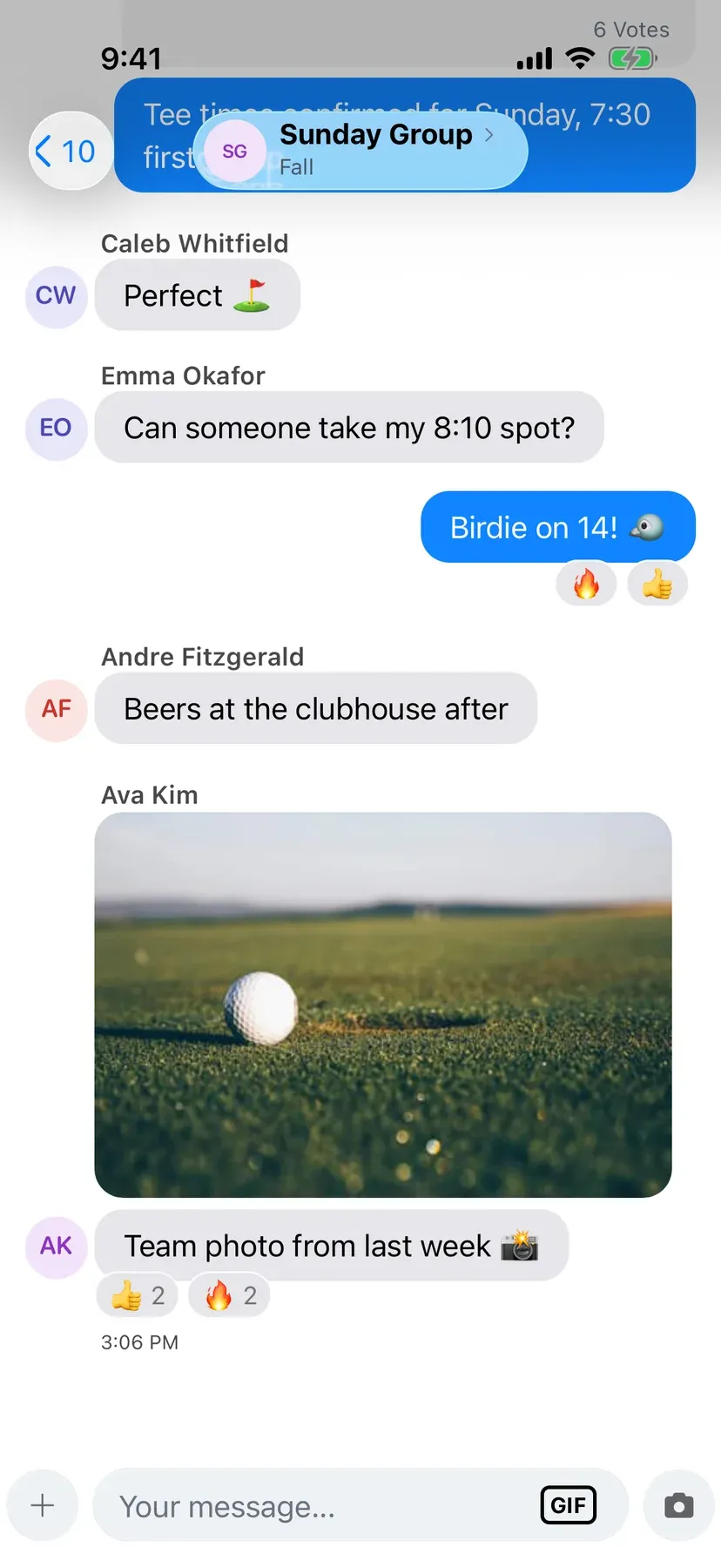 BenchApp team chat with shared photos and GIFs