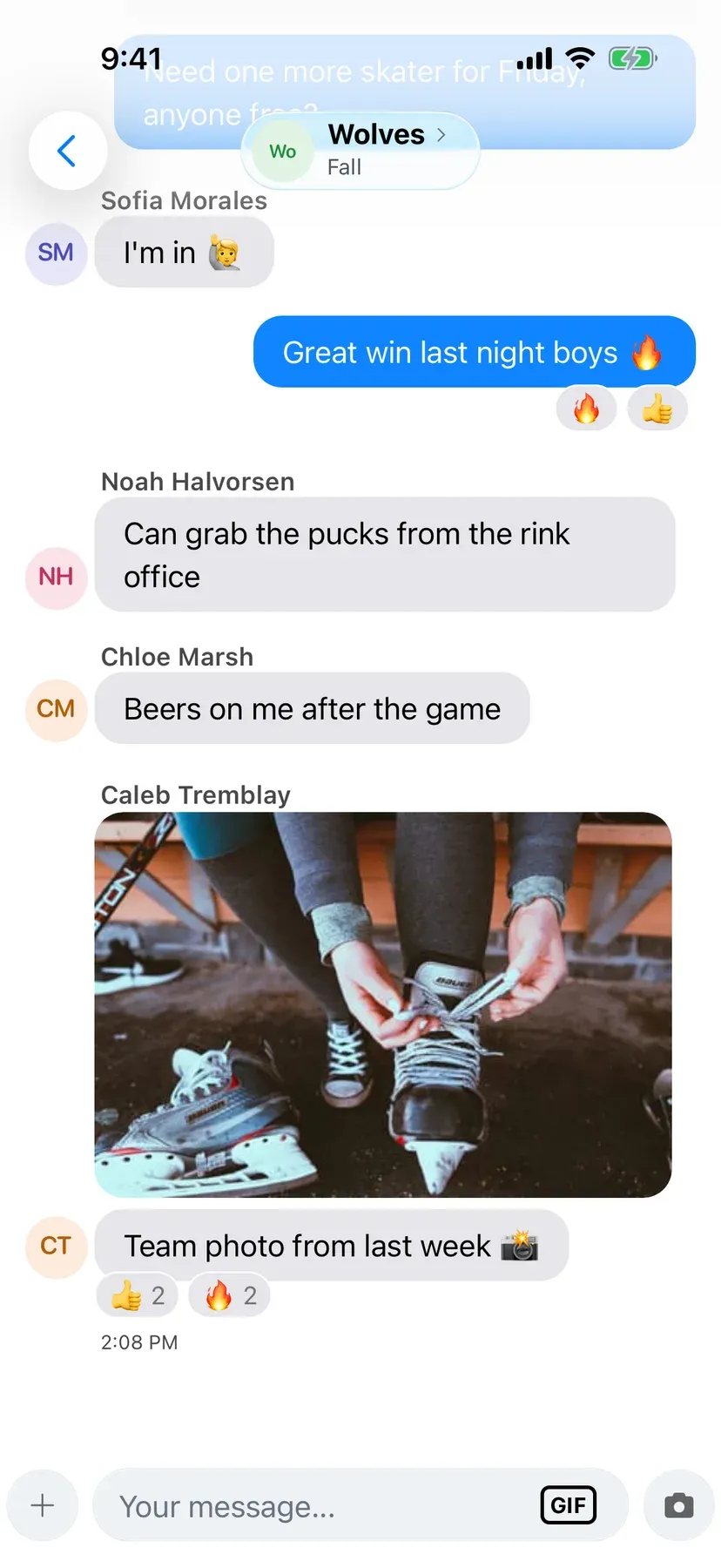 BenchApp team chat with shared photos and GIFs