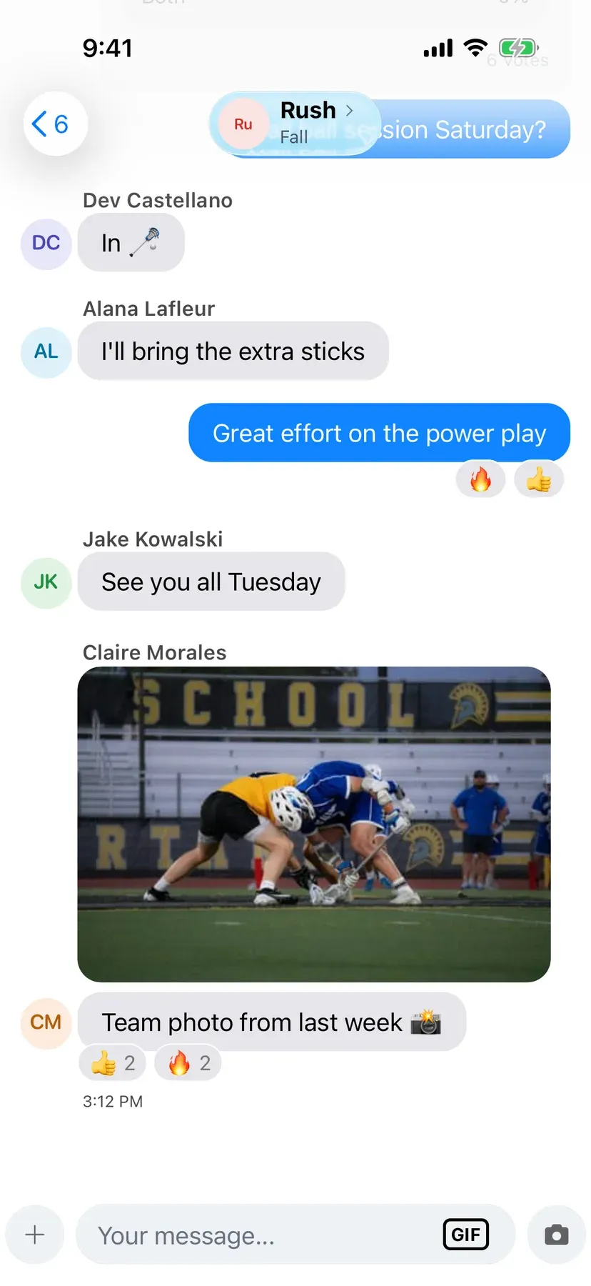 BenchApp team chat with shared photos and GIFs
