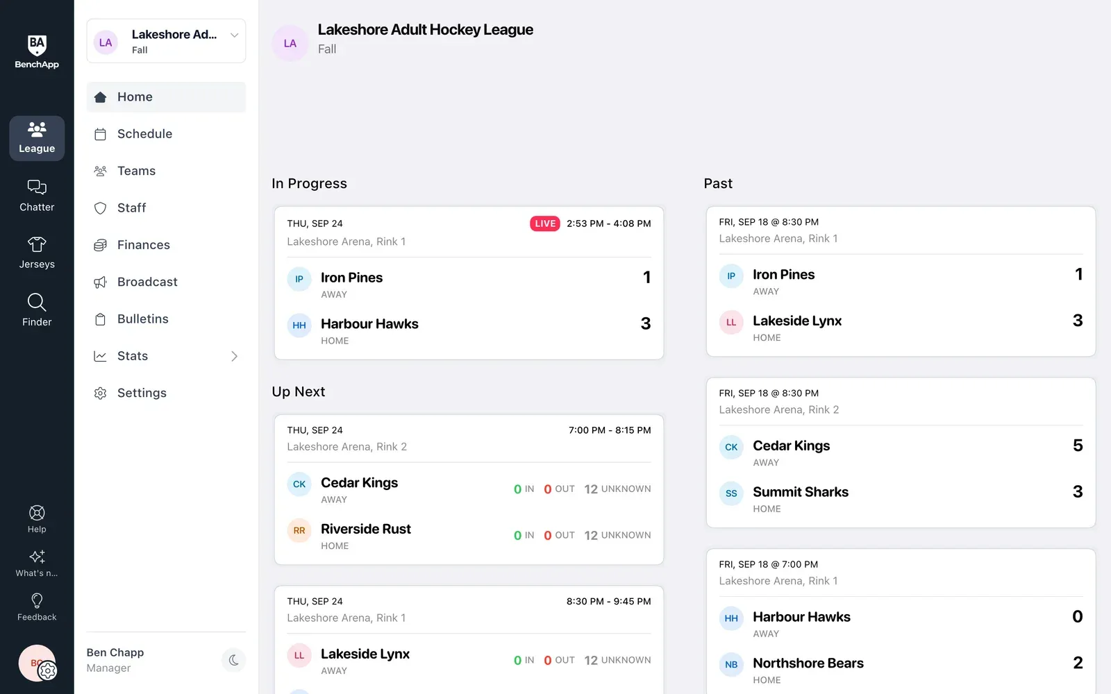 BenchApp on a computer: the league home with the game in progress and recent scores