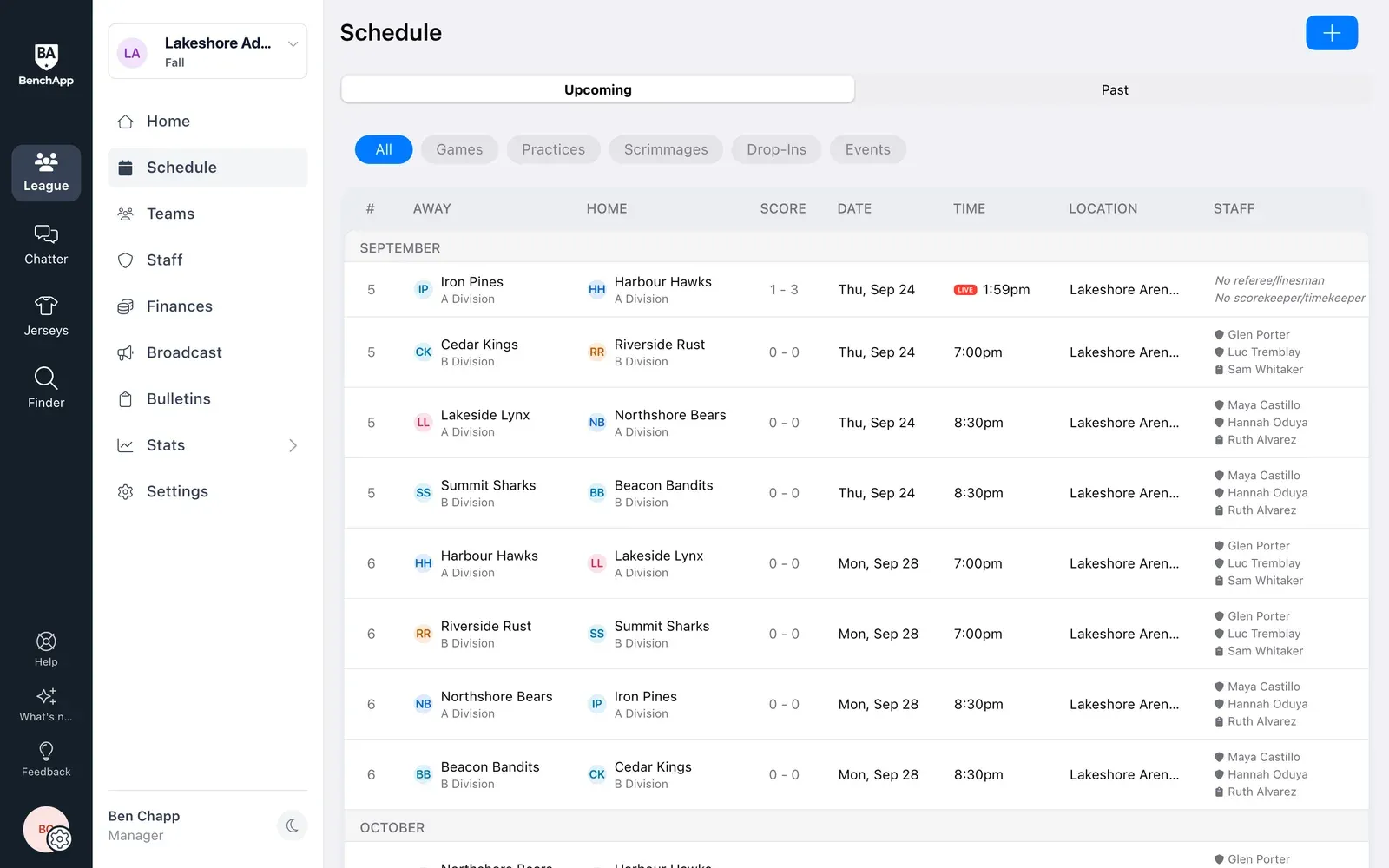 BenchApp on a computer: the team schedule with RSVP counts
