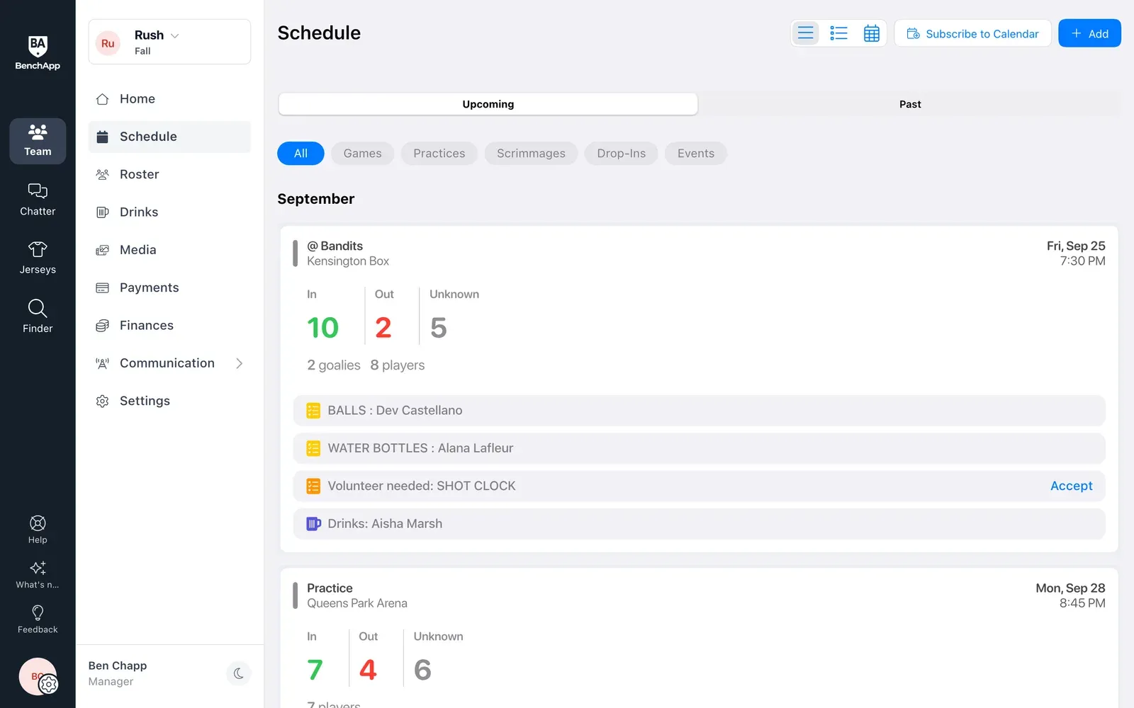 BenchApp on a computer: the team schedule with RSVP counts