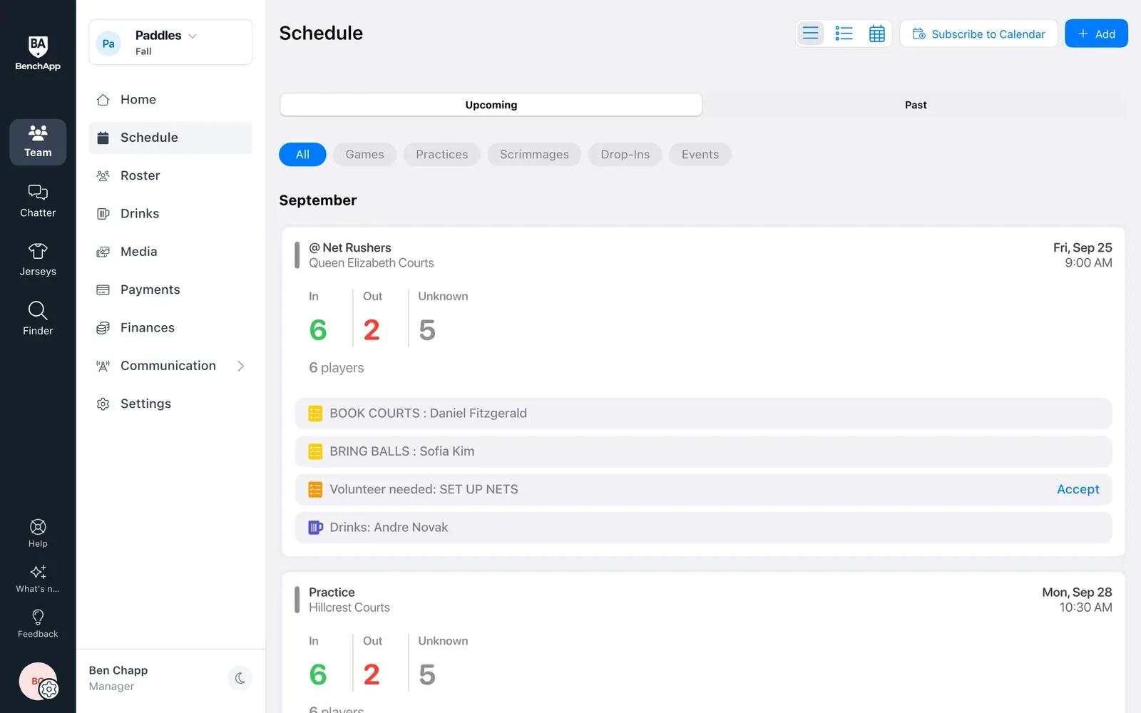BenchApp on a computer: the team schedule with RSVP counts