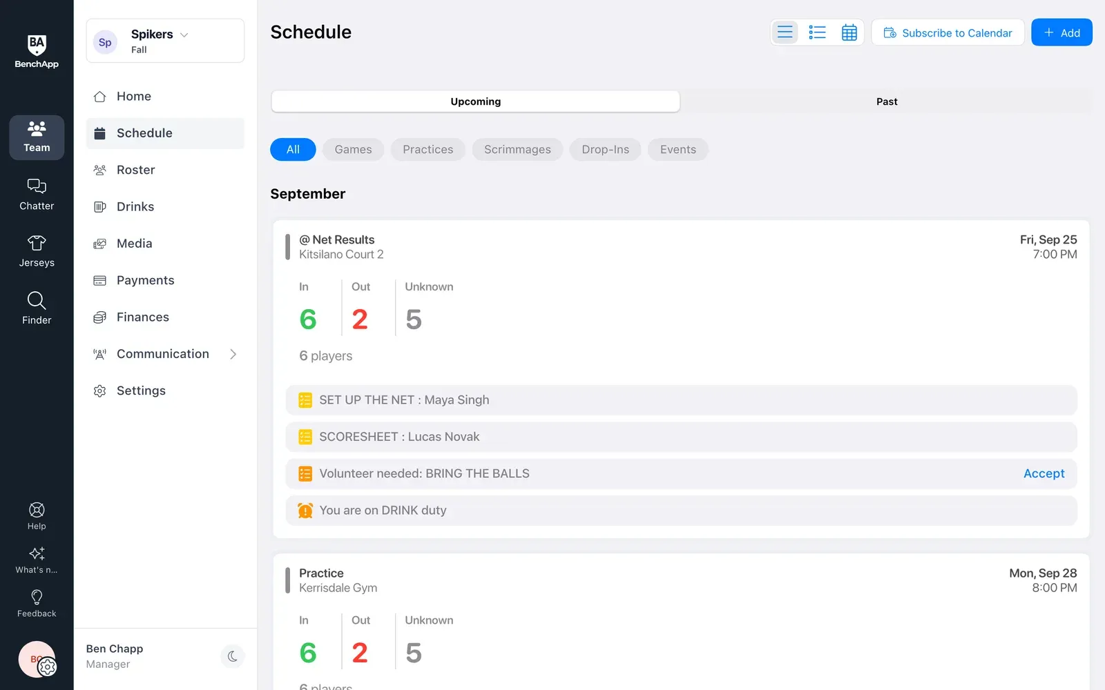 BenchApp on a computer: the team schedule with RSVP counts