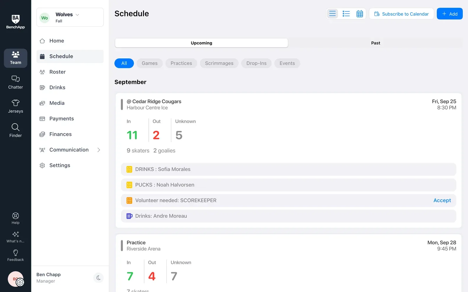 BenchApp on a computer: the team schedule with RSVP counts