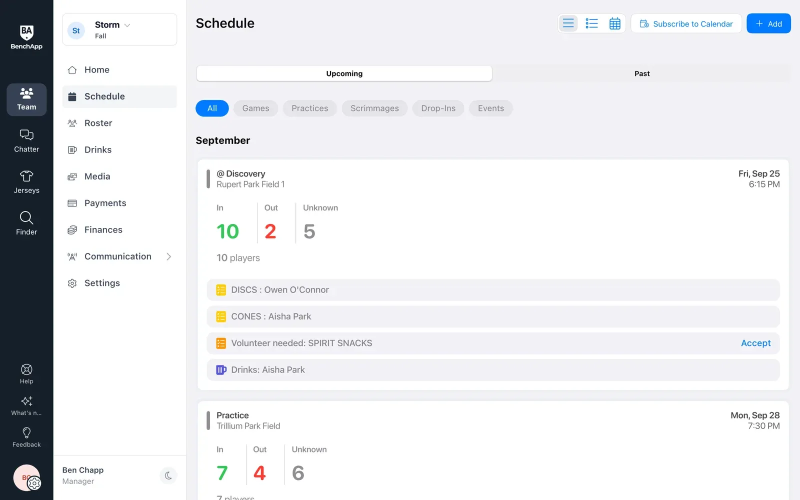 BenchApp on a computer: the team schedule with RSVP counts