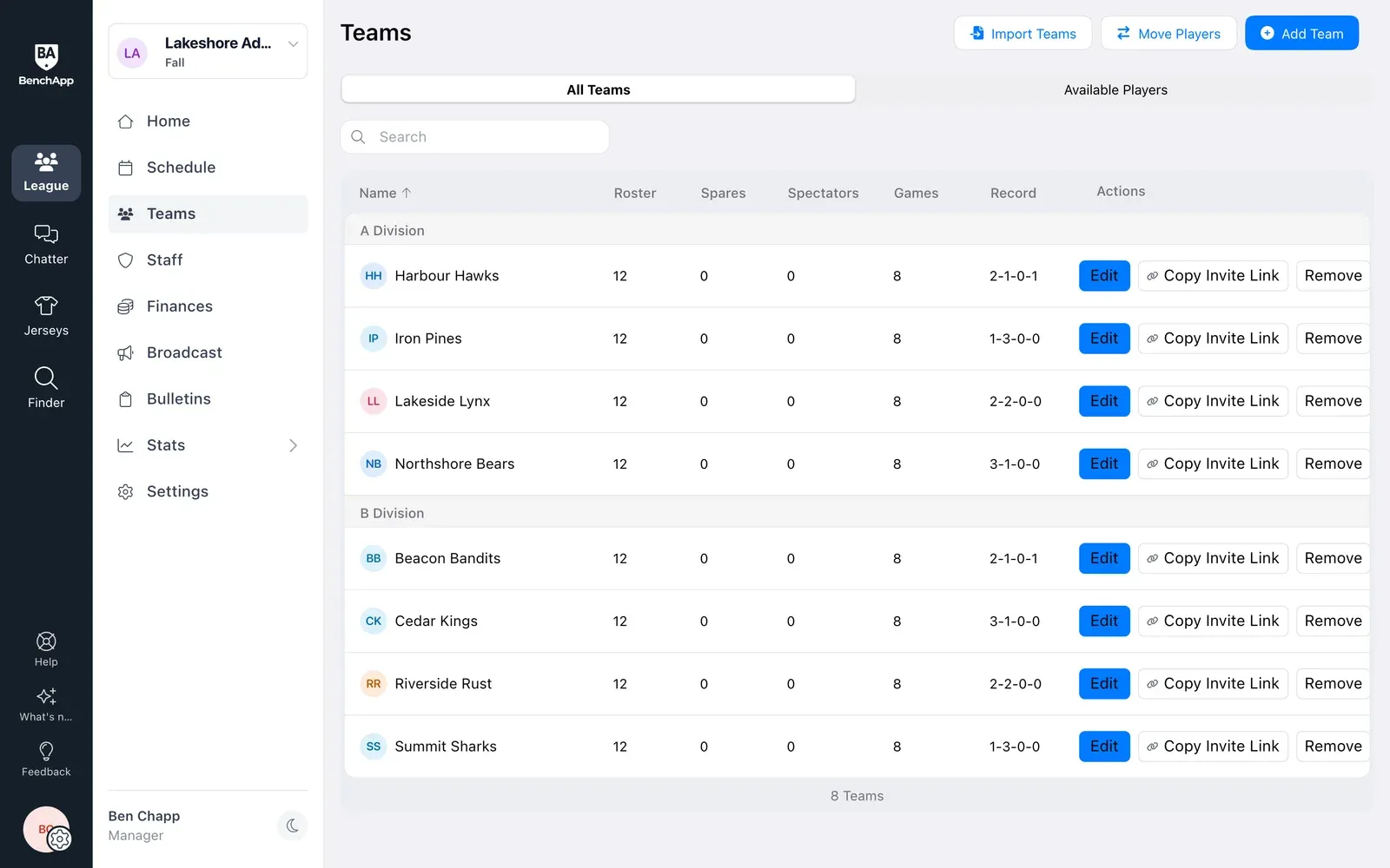BenchApp on a computer: every team in the league by division, with rosters and records