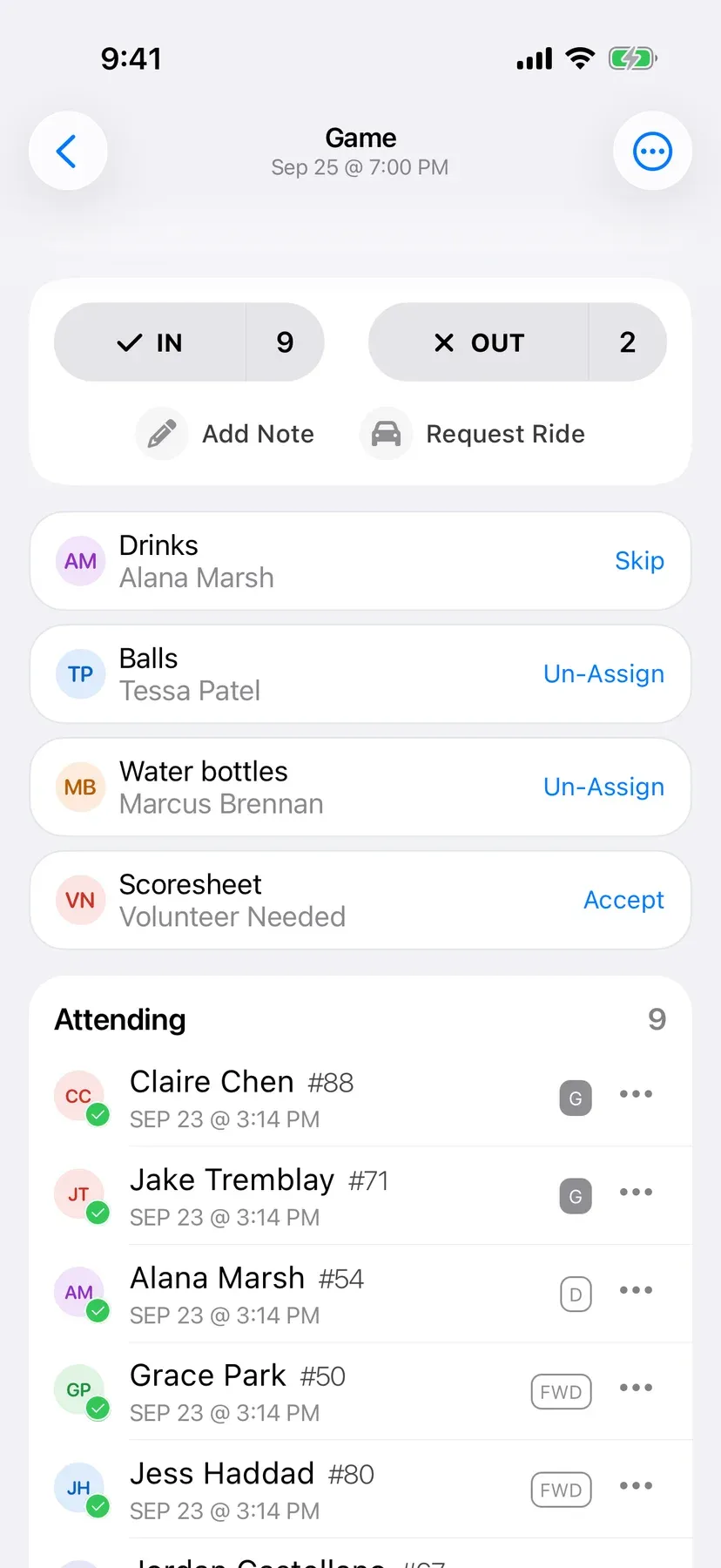 BenchApp duties screen with team jobs assigned to players