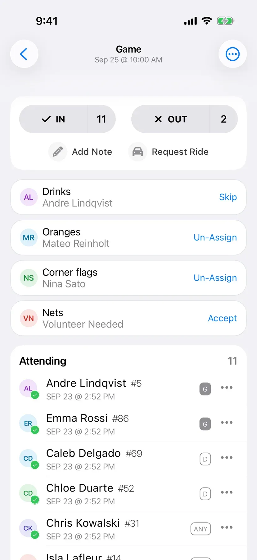 BenchApp duties screen with team jobs assigned to players