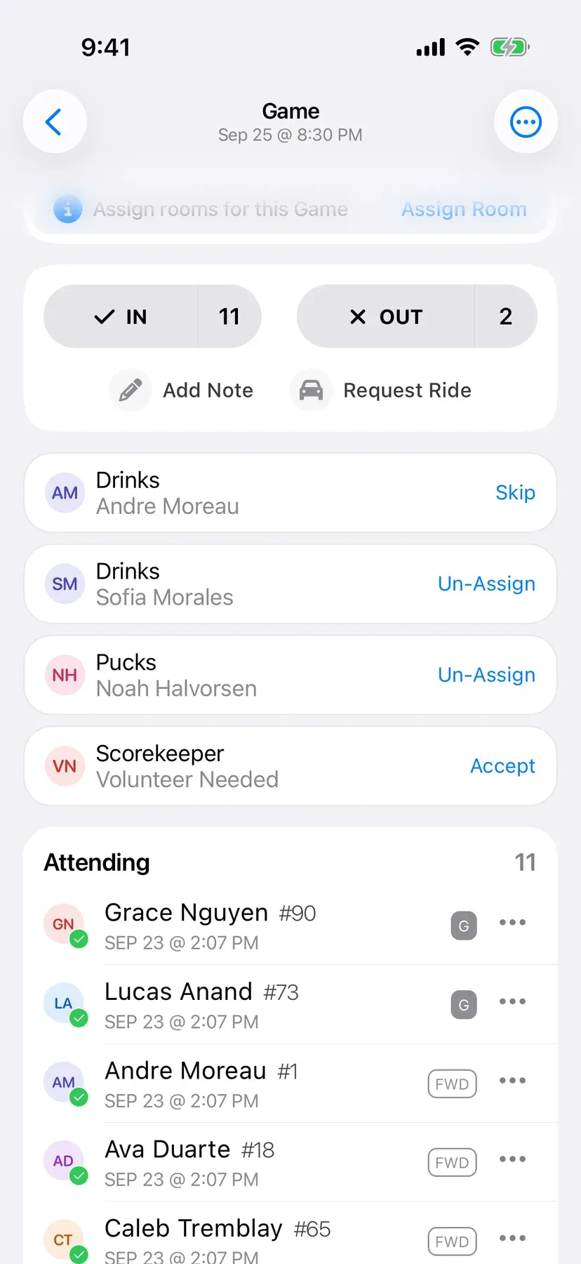 BenchApp duties screen with team jobs assigned to players