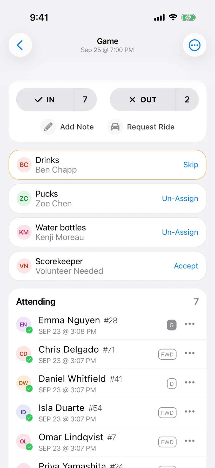 BenchApp duties screen with team jobs assigned to players