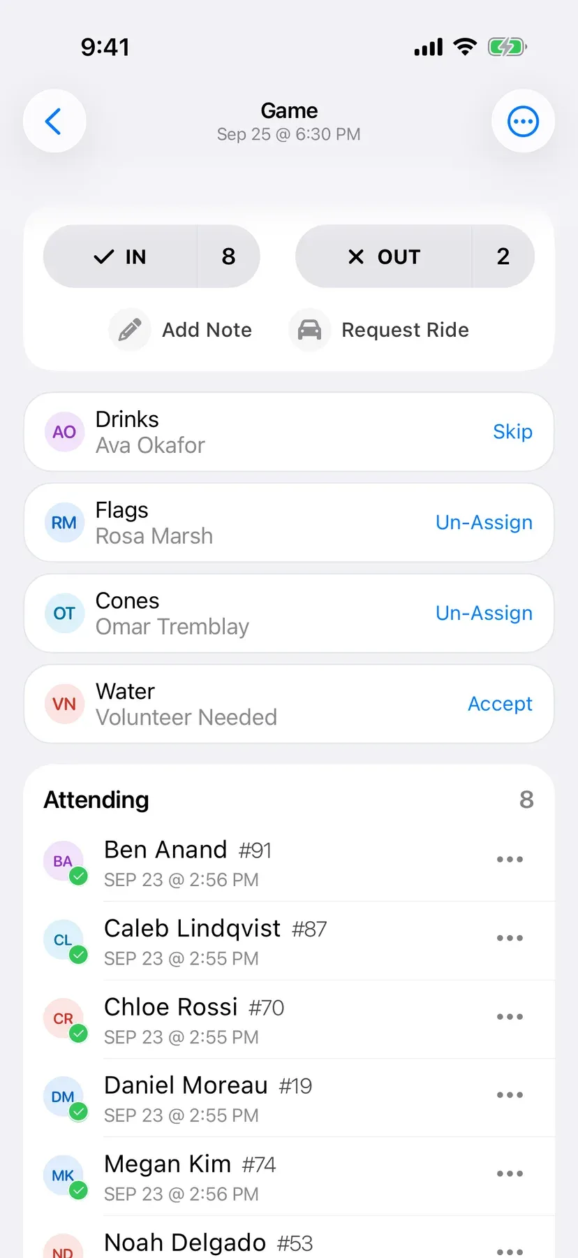 BenchApp duties screen with team jobs assigned to players