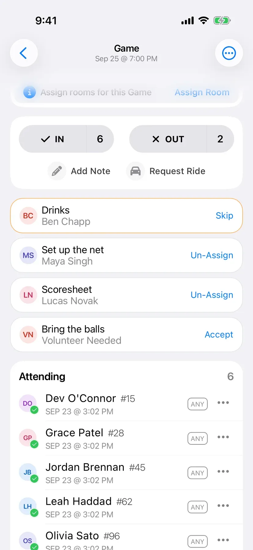 BenchApp duties screen with team jobs assigned to players