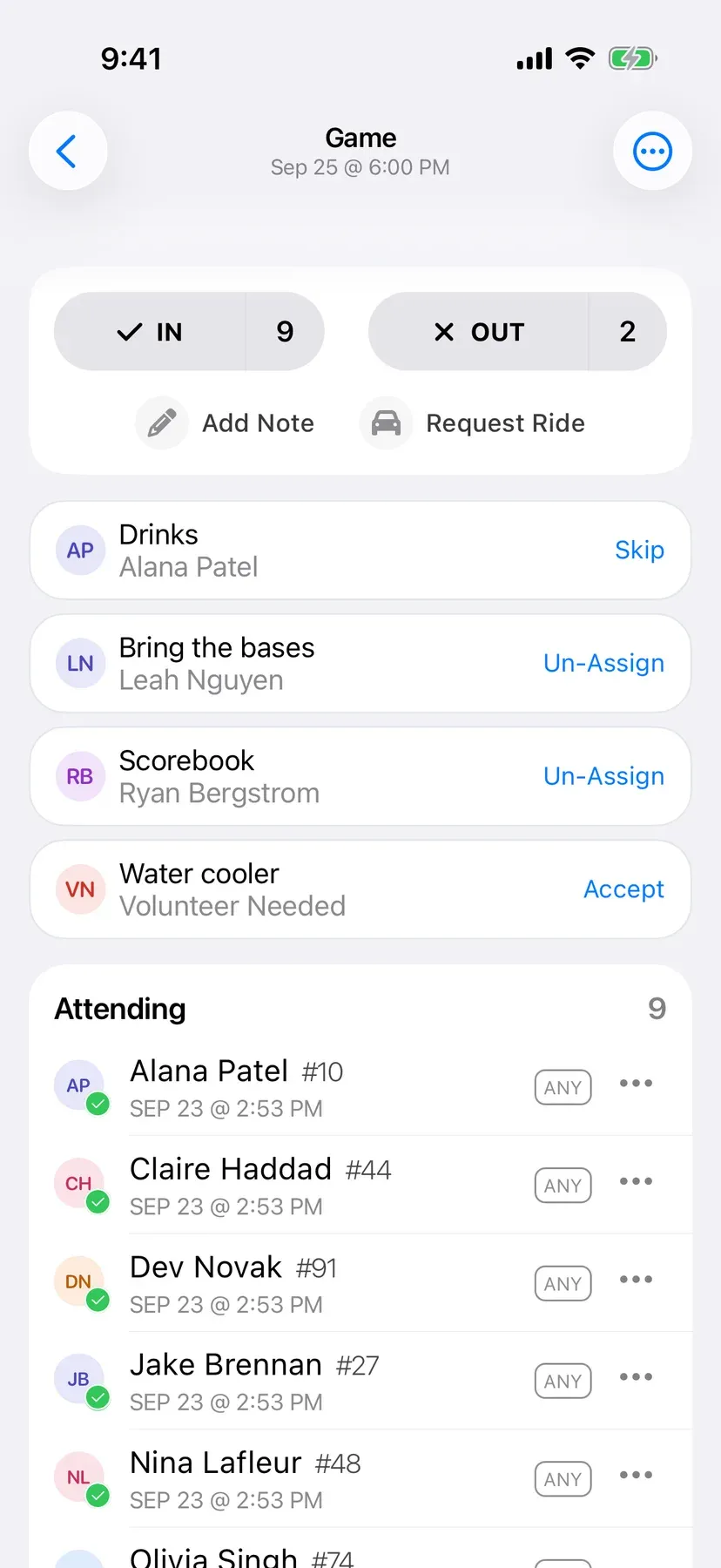 BenchApp duties screen with team jobs assigned to players