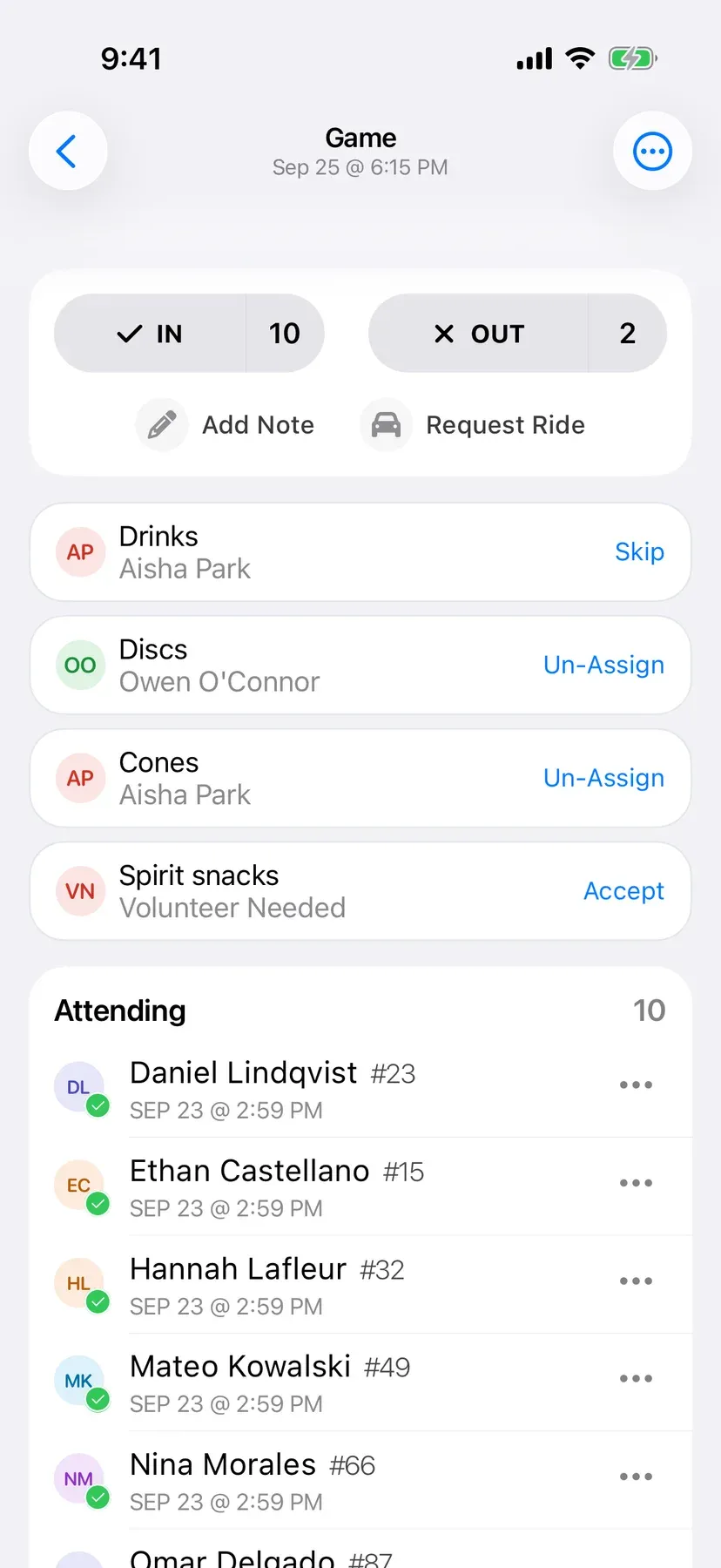 BenchApp duties screen with team jobs assigned to players