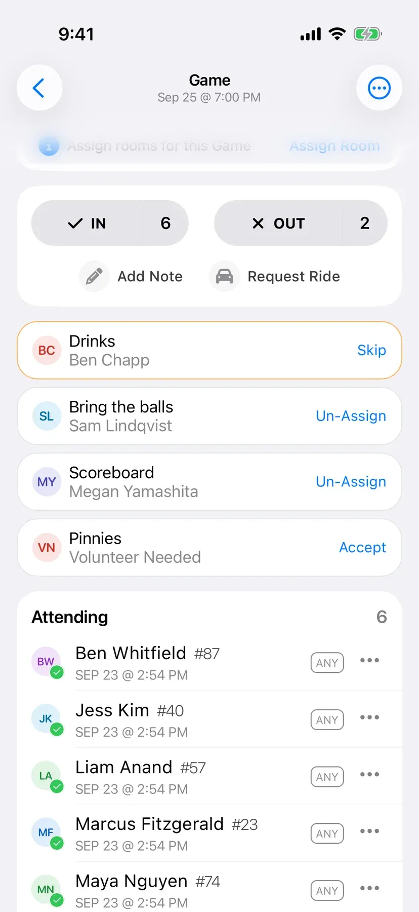 BenchApp duties screen with team jobs assigned to players