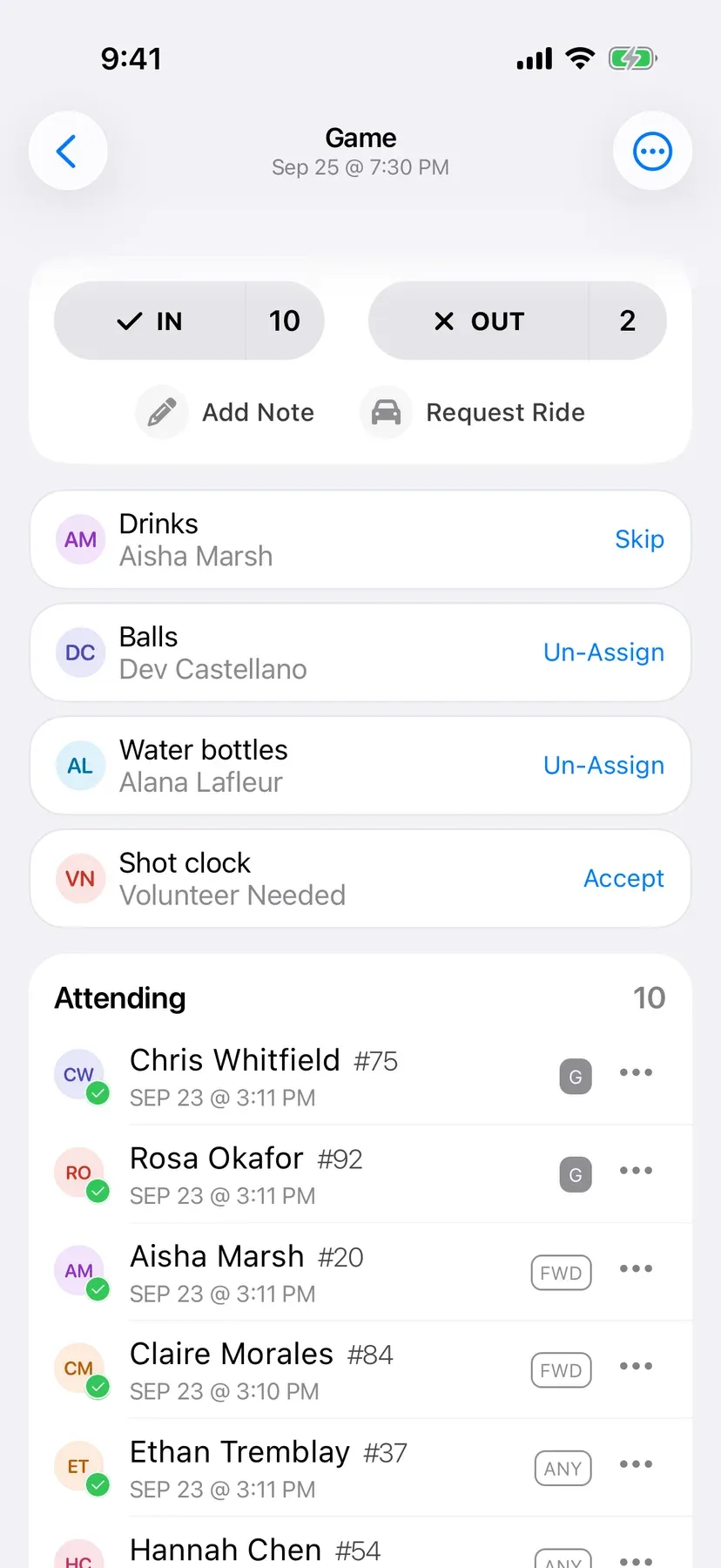 BenchApp duties screen with team jobs assigned to players
