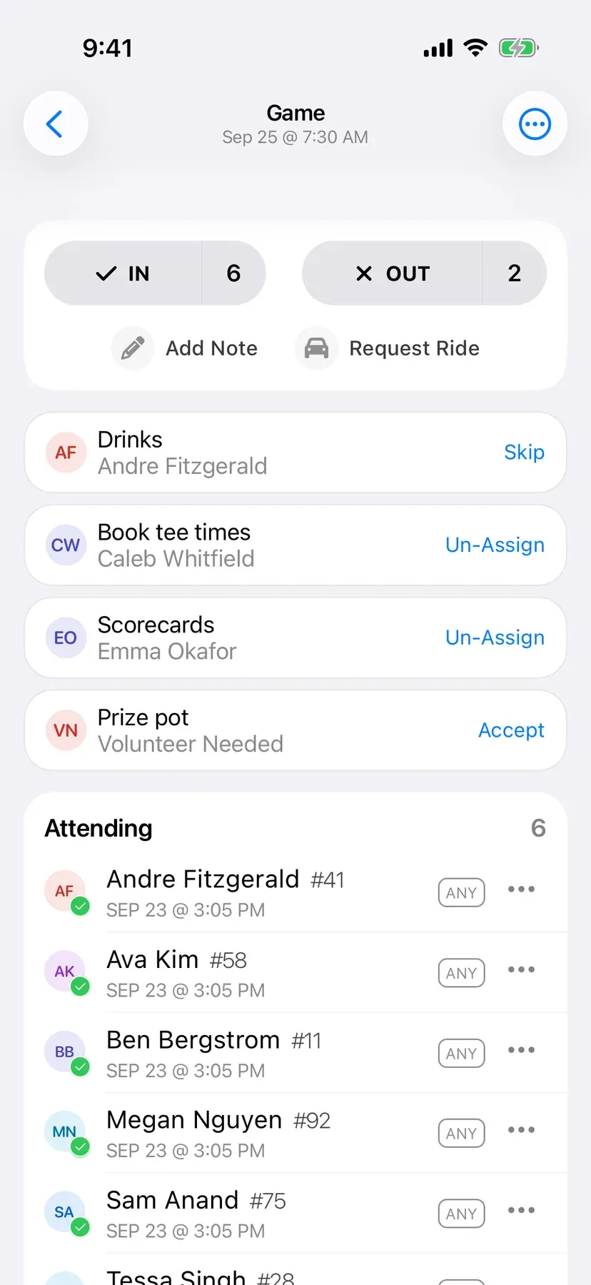 BenchApp duties screen with team jobs assigned to players
