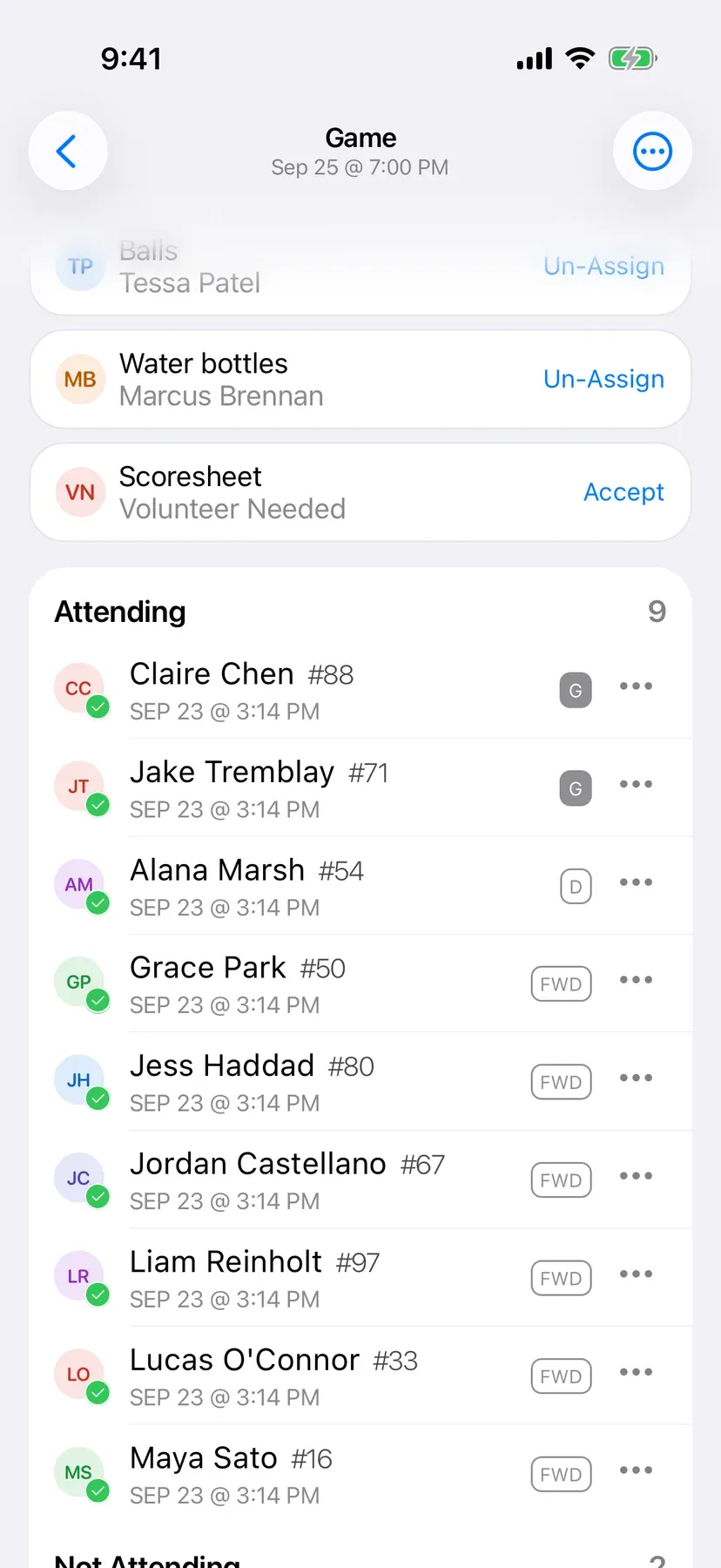 BenchApp game screen showing who is in, out, and yet to reply