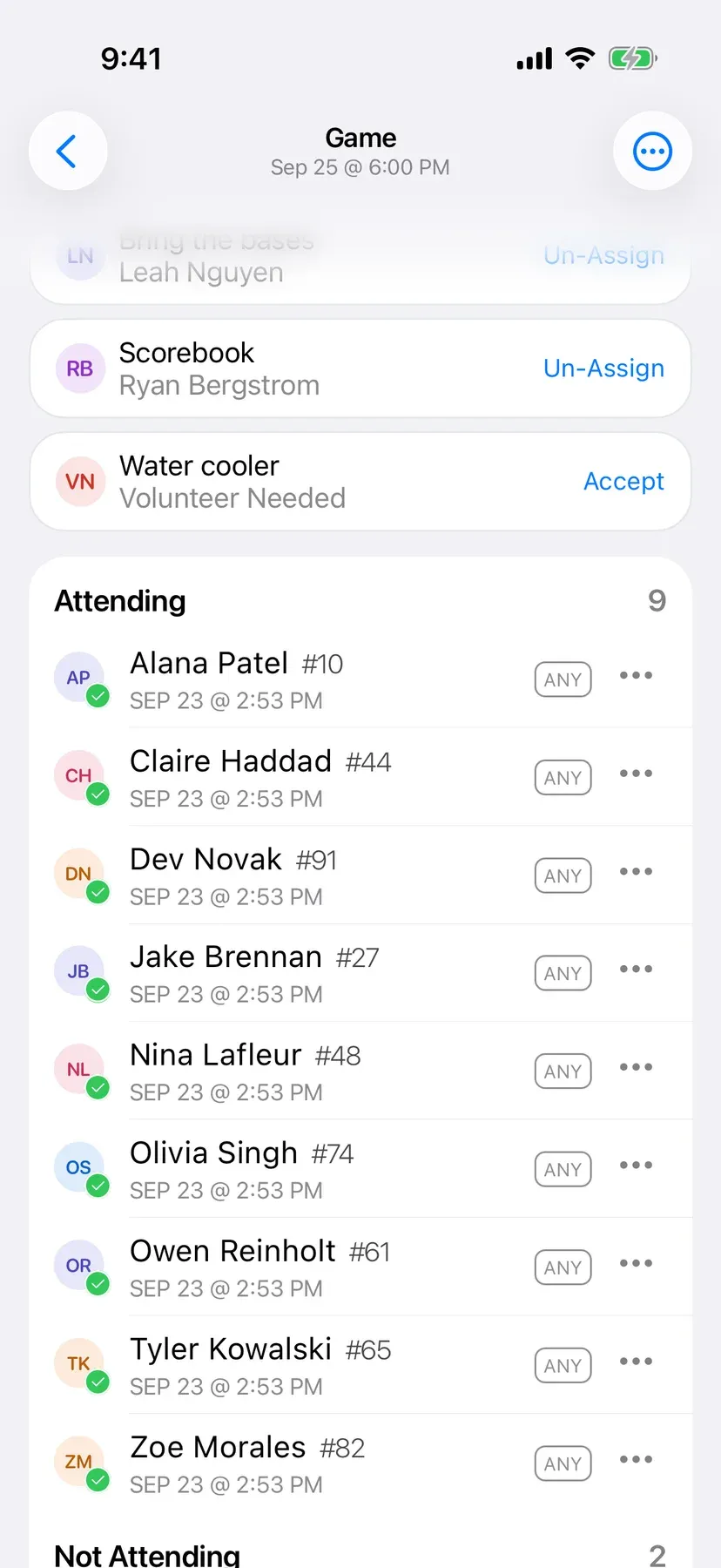 BenchApp game screen showing who is in, out, and yet to reply