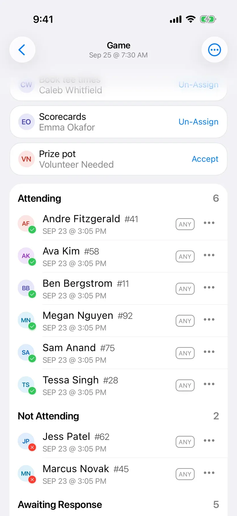 BenchApp game screen showing who is in, out, and yet to reply