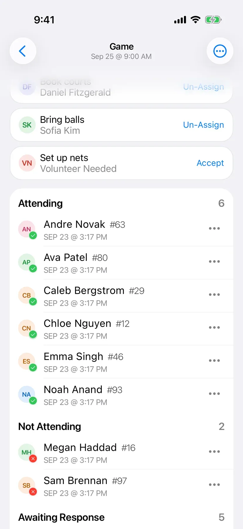 BenchApp game screen showing who is in, out, and yet to reply
