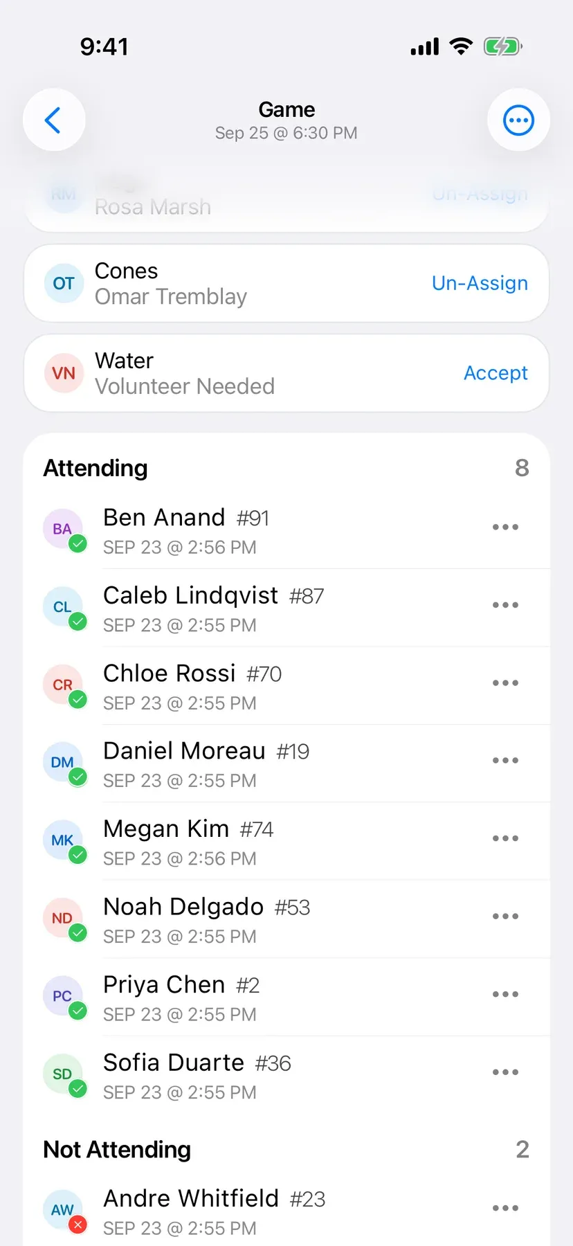 BenchApp game screen showing who is in, out, and yet to reply