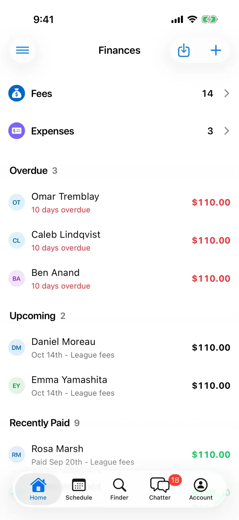 BenchApp finances screen showing fees collected and players who still owe