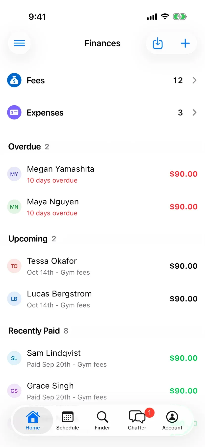 BenchApp finances screen showing fees collected and players who still owe