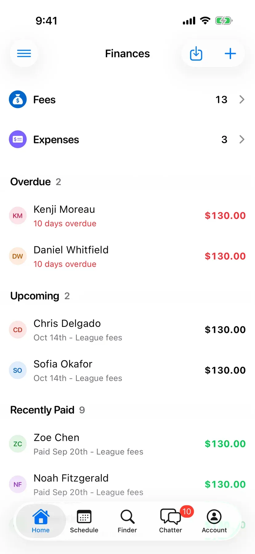 BenchApp finances screen showing fees collected and players who still owe