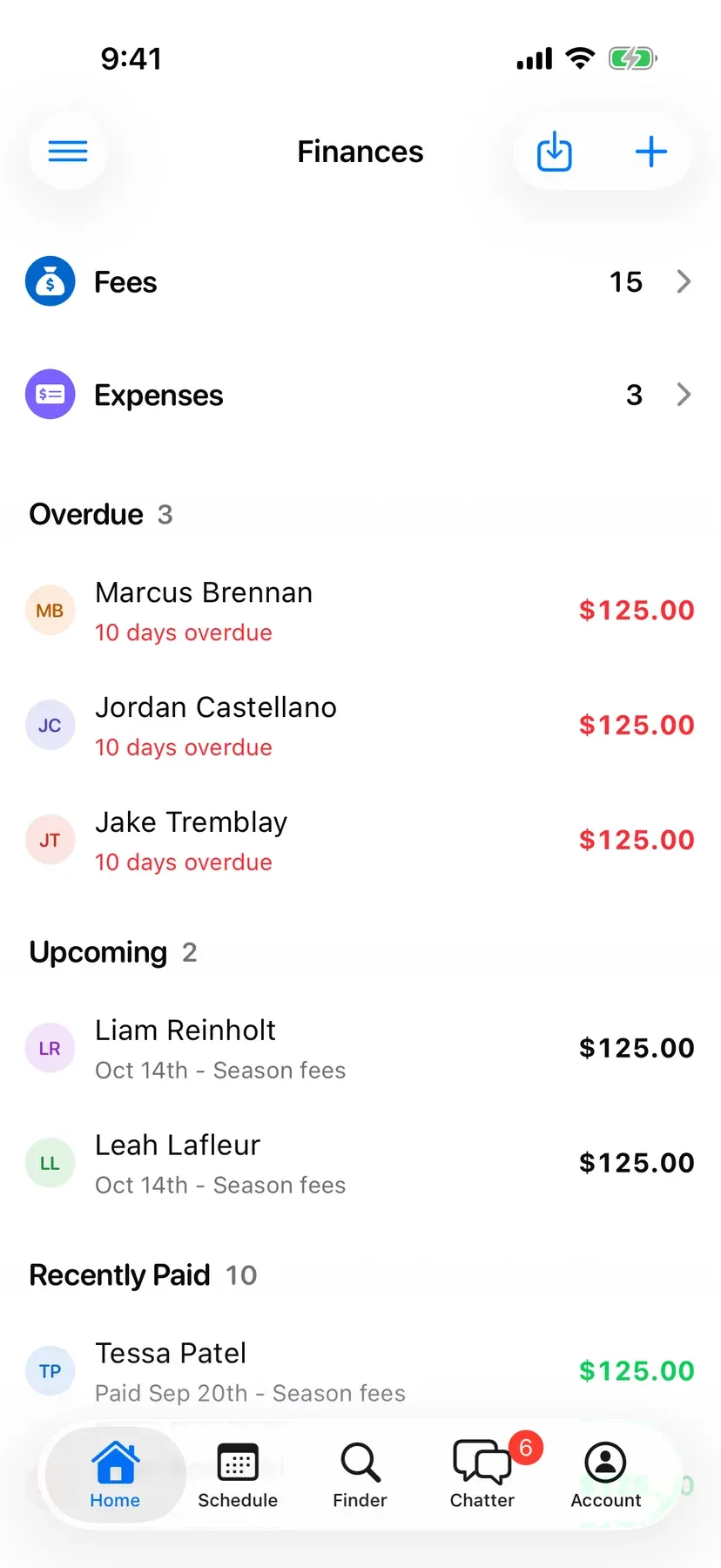 BenchApp finances screen showing fees collected and players who still owe