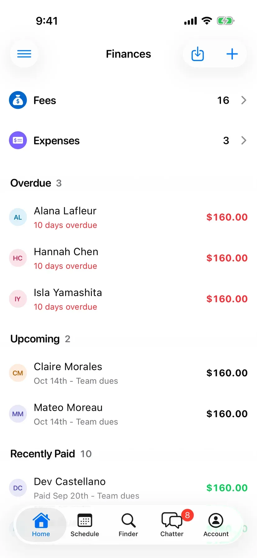 BenchApp finances screen showing fees collected and players who still owe