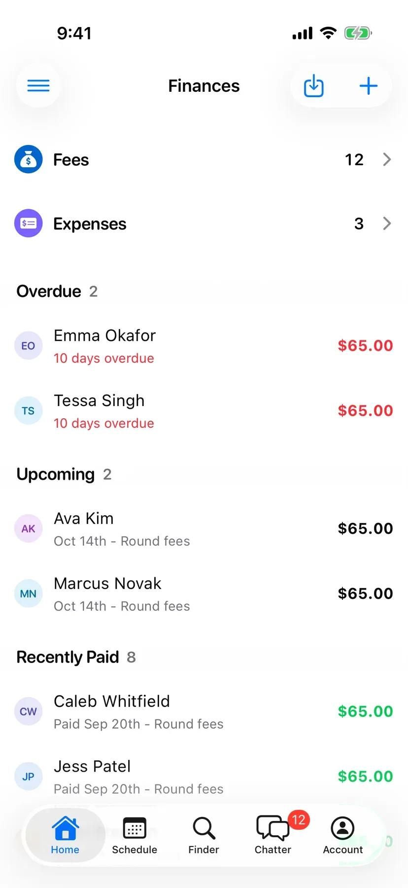 BenchApp finances screen showing fees collected and players who still owe