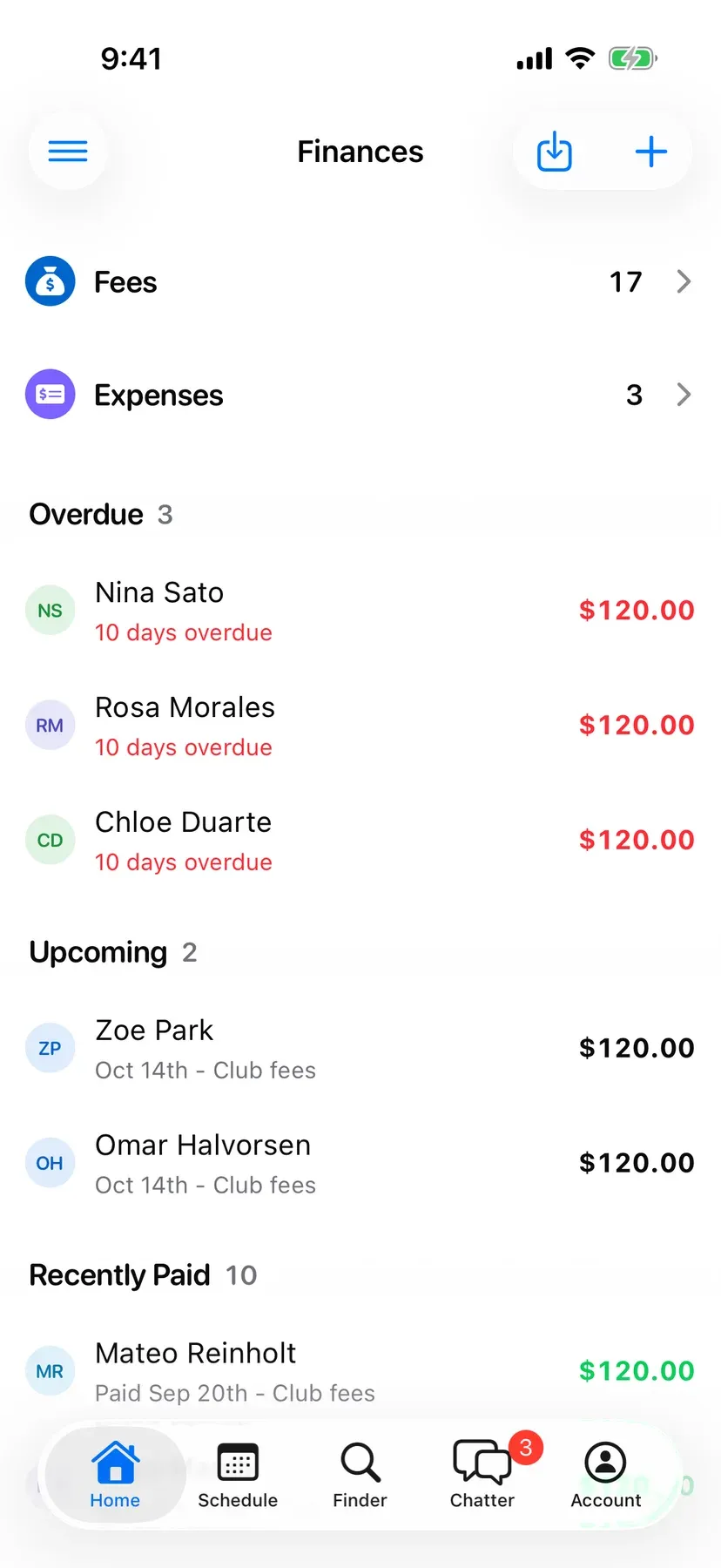 BenchApp finances screen showing fees collected and players who still owe