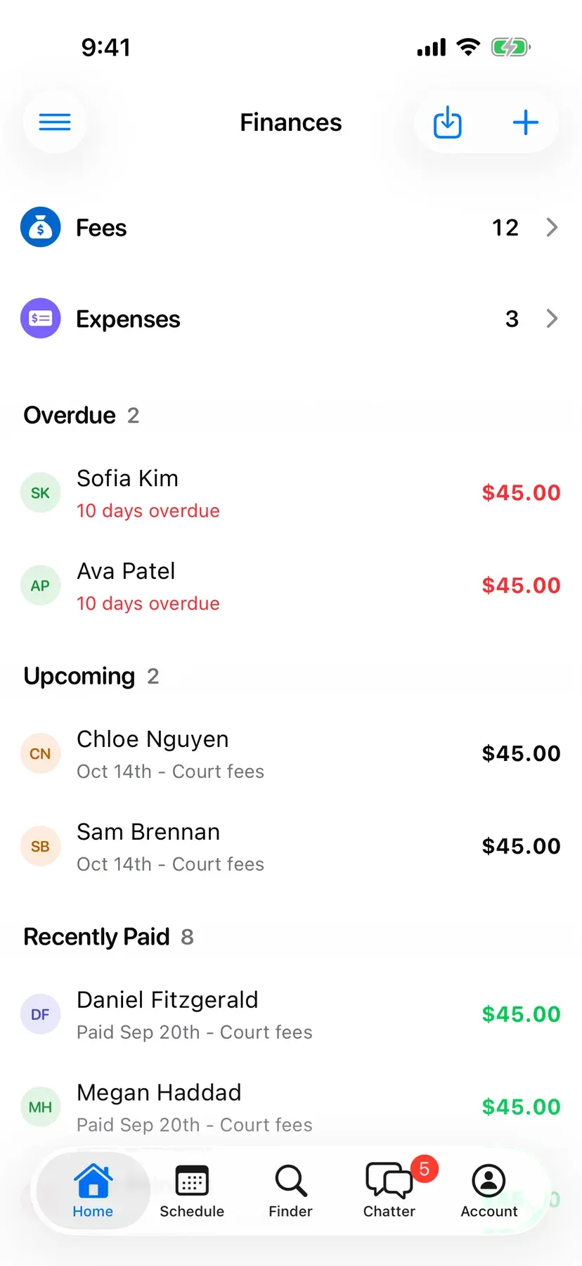BenchApp finances screen showing fees collected and players who still owe
