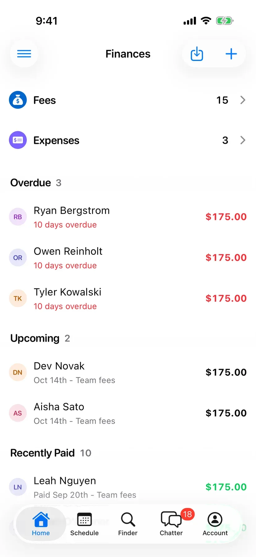 BenchApp finances screen showing fees collected and players who still owe
