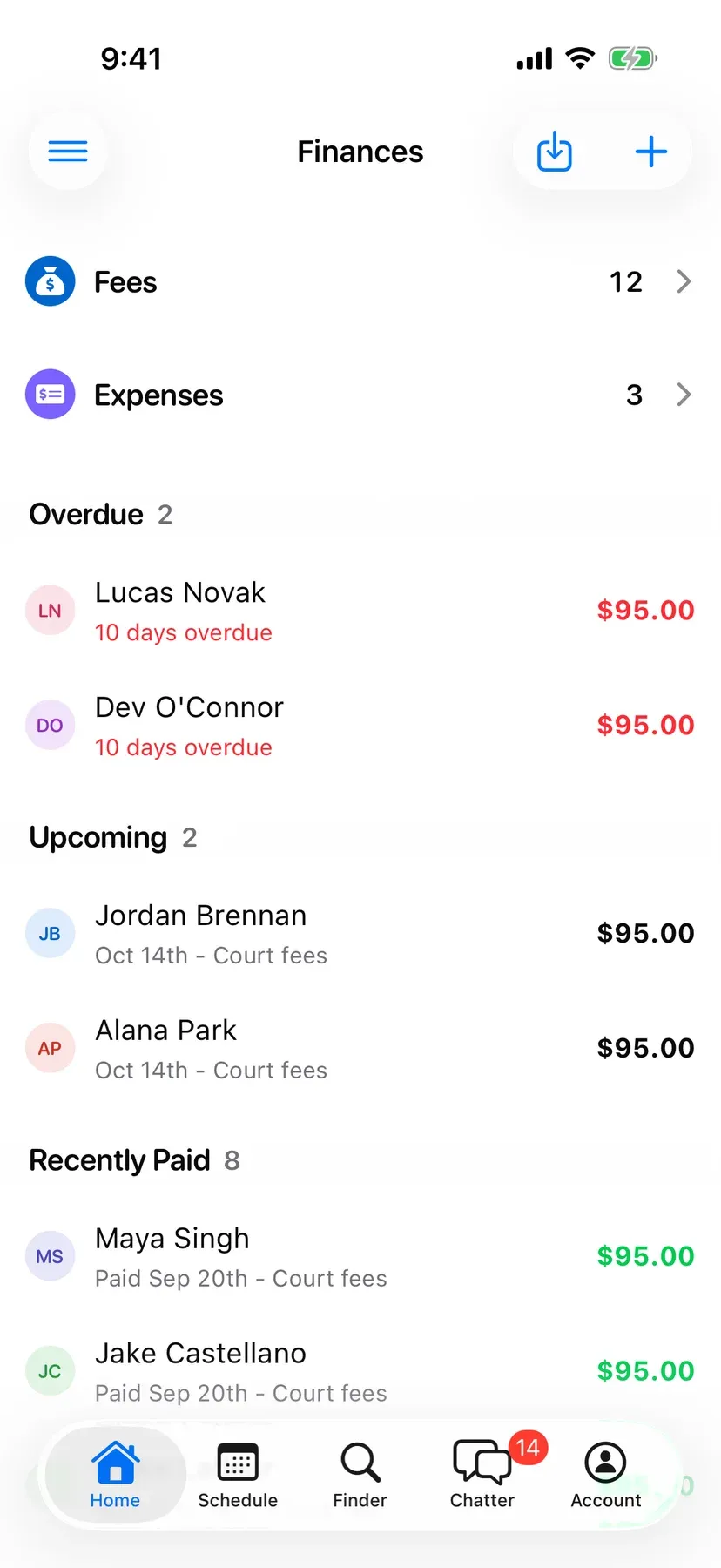 BenchApp finances screen showing fees collected and players who still owe