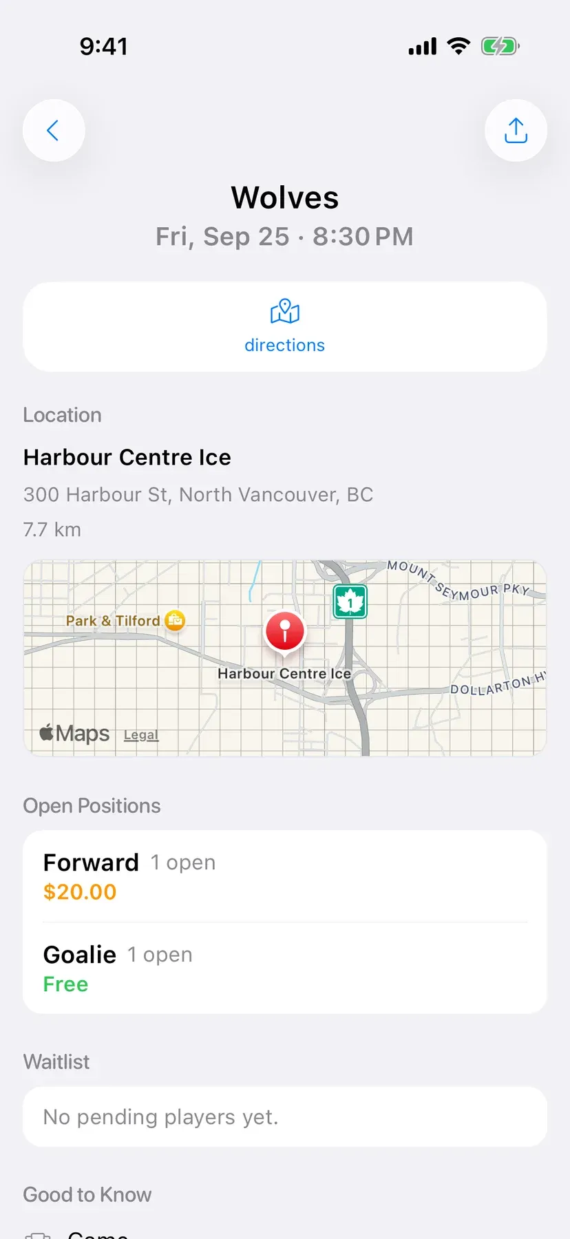 BenchApp Finder: a nearby hockey game with an open forward spot and a free goalie spot