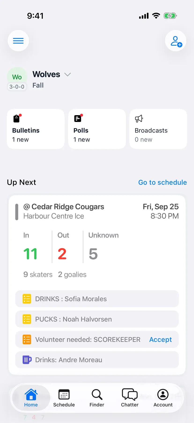 BenchApp team home screen with the next game and who's coming