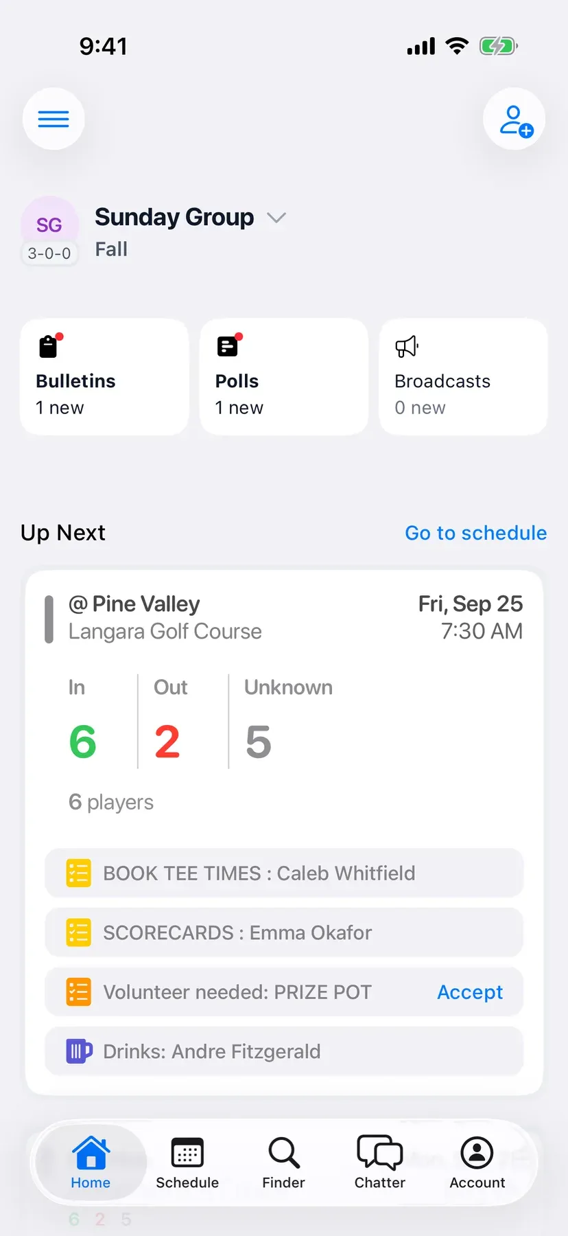 BenchApp team home screen with the next game and who's coming