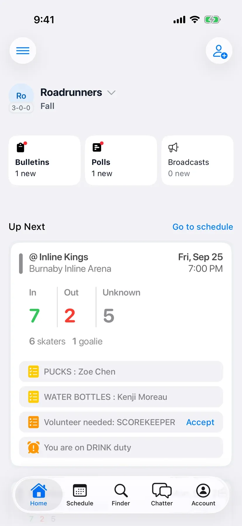 BenchApp team home screen with the next game and who's coming