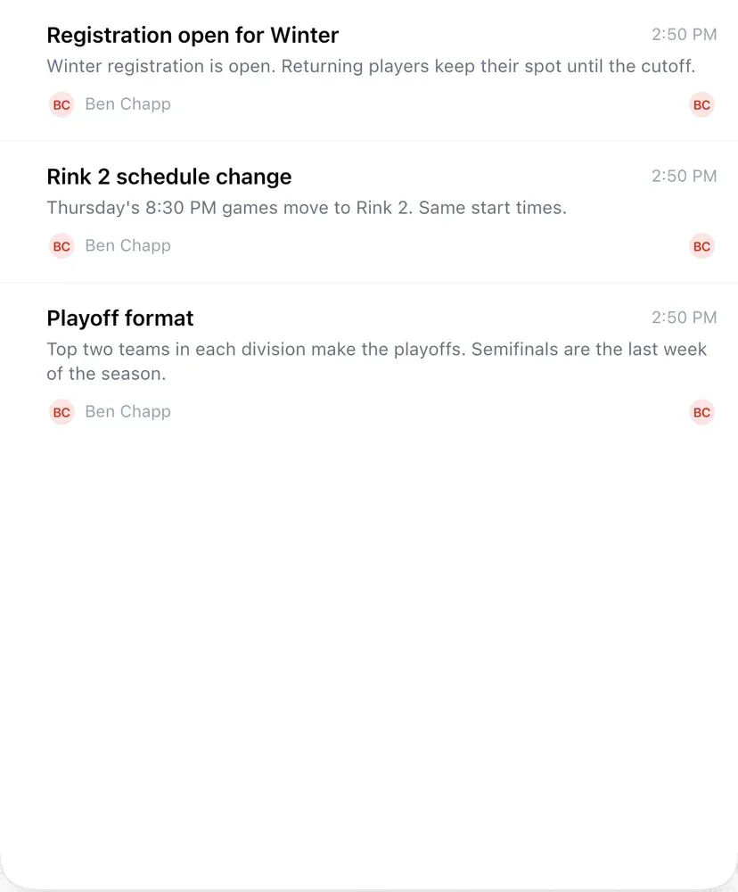 BenchApp league broadcast sent to every team