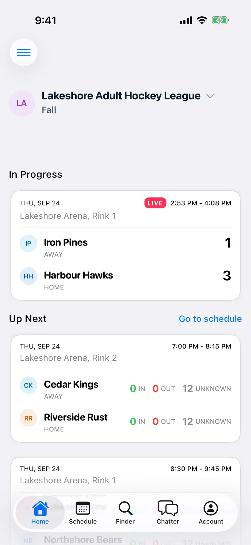 BenchApp league home on a phone: the game in progress, what's up next, and recent scores
