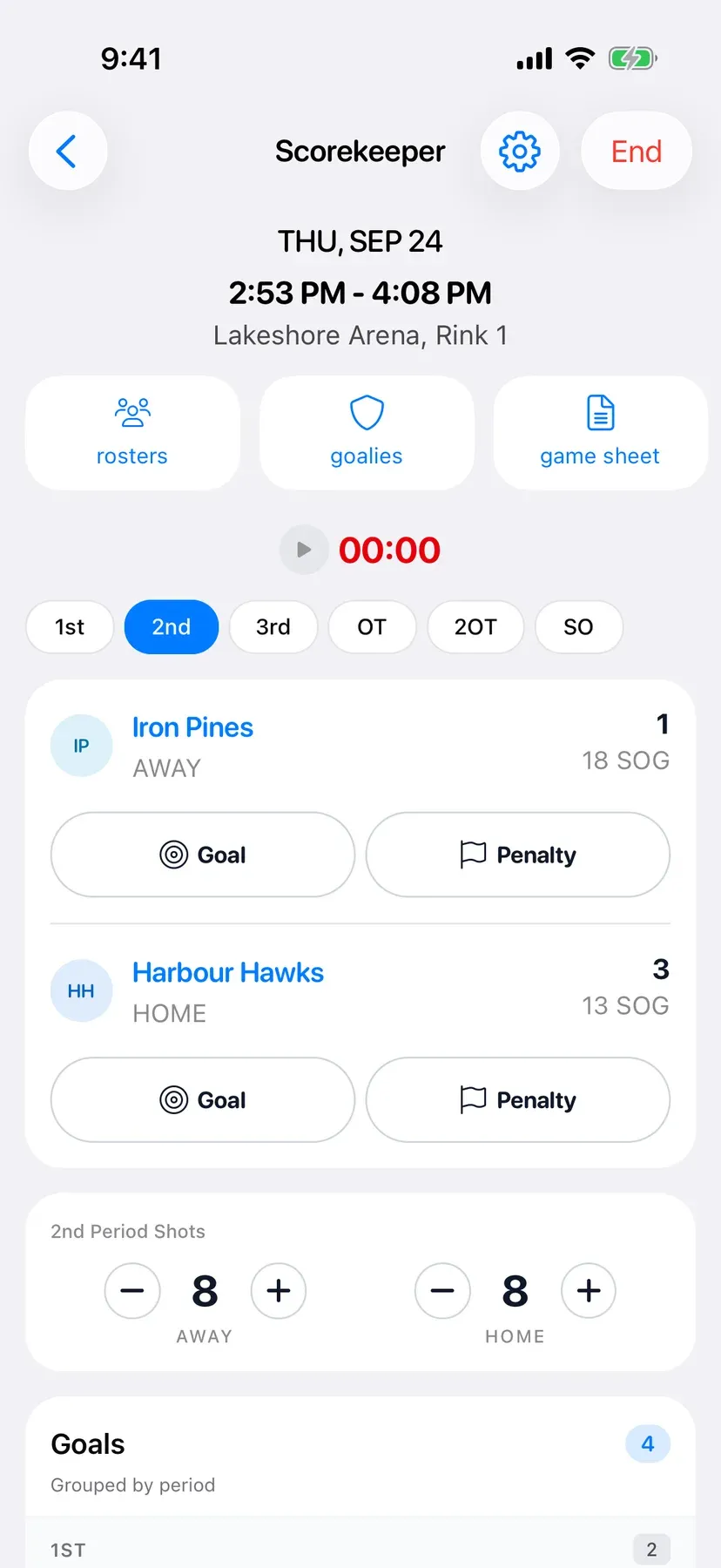 BenchApp Scorekeeper on a phone during a game: score, shots, goals and penalties