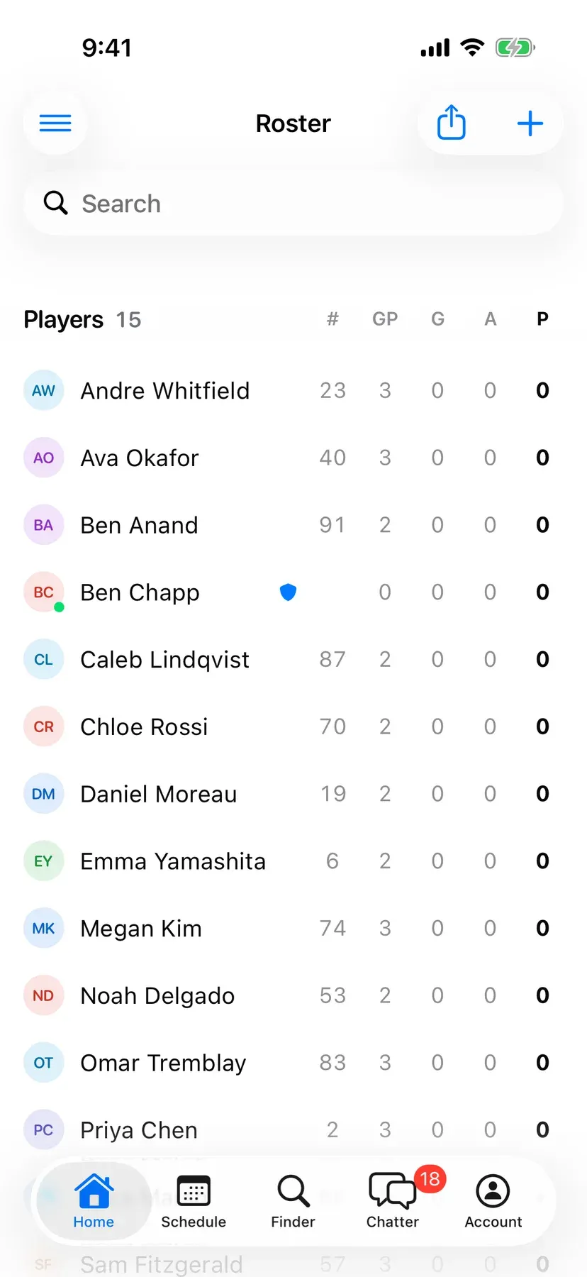 BenchApp roster screen listing the team's players