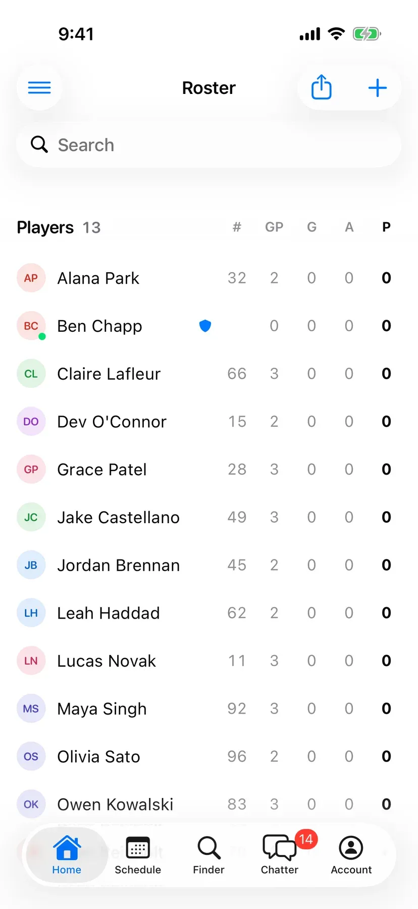 BenchApp roster screen listing the team's players