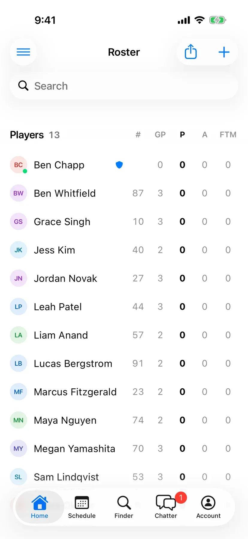 BenchApp roster screen listing the team's players