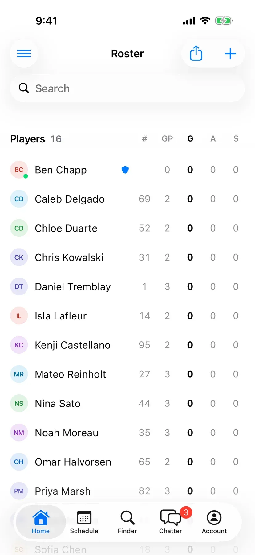 BenchApp roster screen listing the team's players