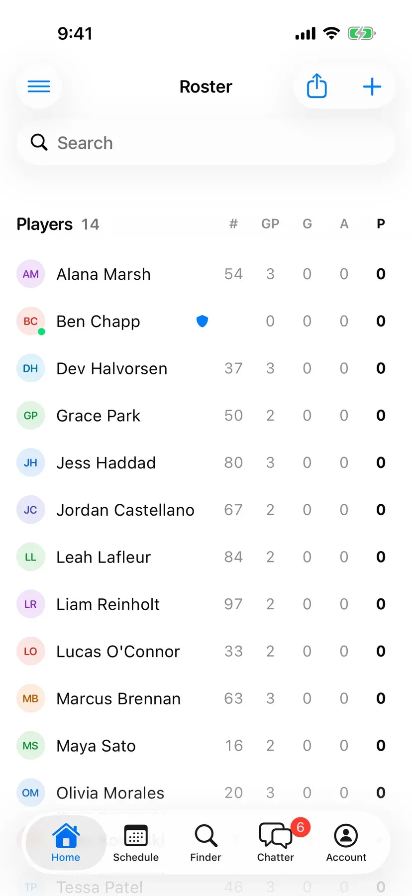 BenchApp roster screen listing the team's players